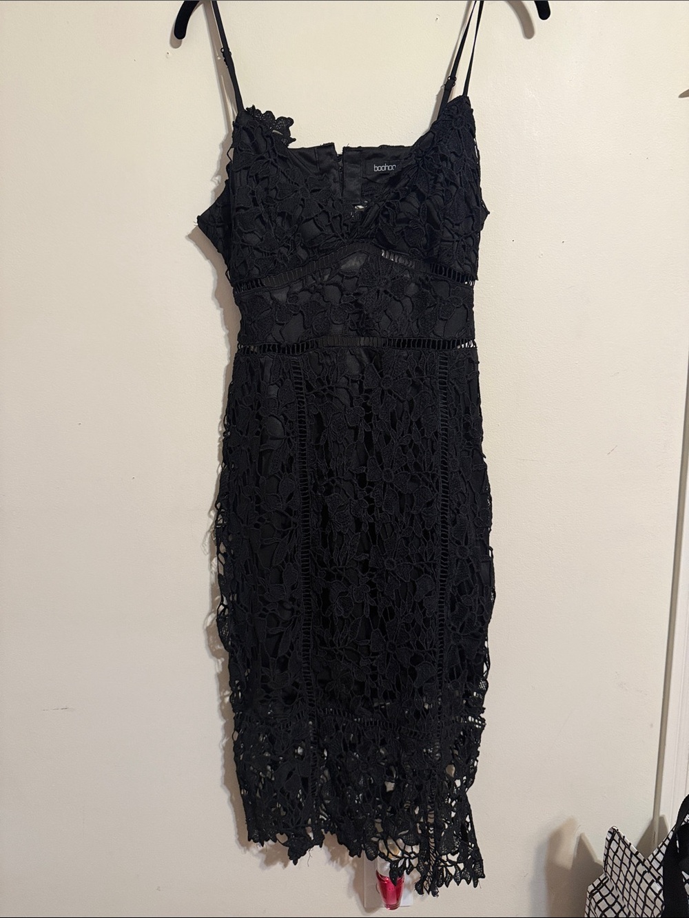 Boohoo Black Crochet Lace Midi Dress with Spaghetti Straps